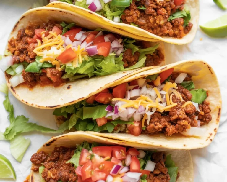 Delicious Beef Tacos with seasoned ground beef and crispy shells ready to be served.