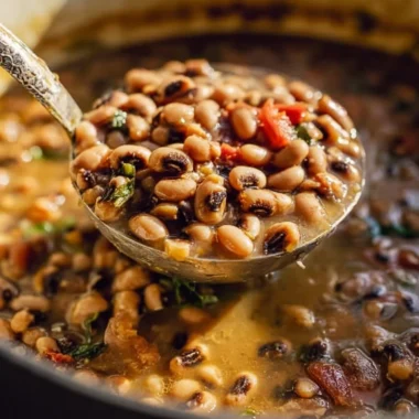 Bowl of Southern Black Eyed Peas served with cornbread and greens