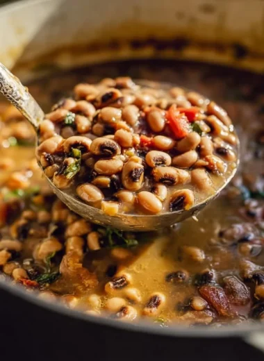 Bowl of Southern Black Eyed Peas served with cornbread and greens