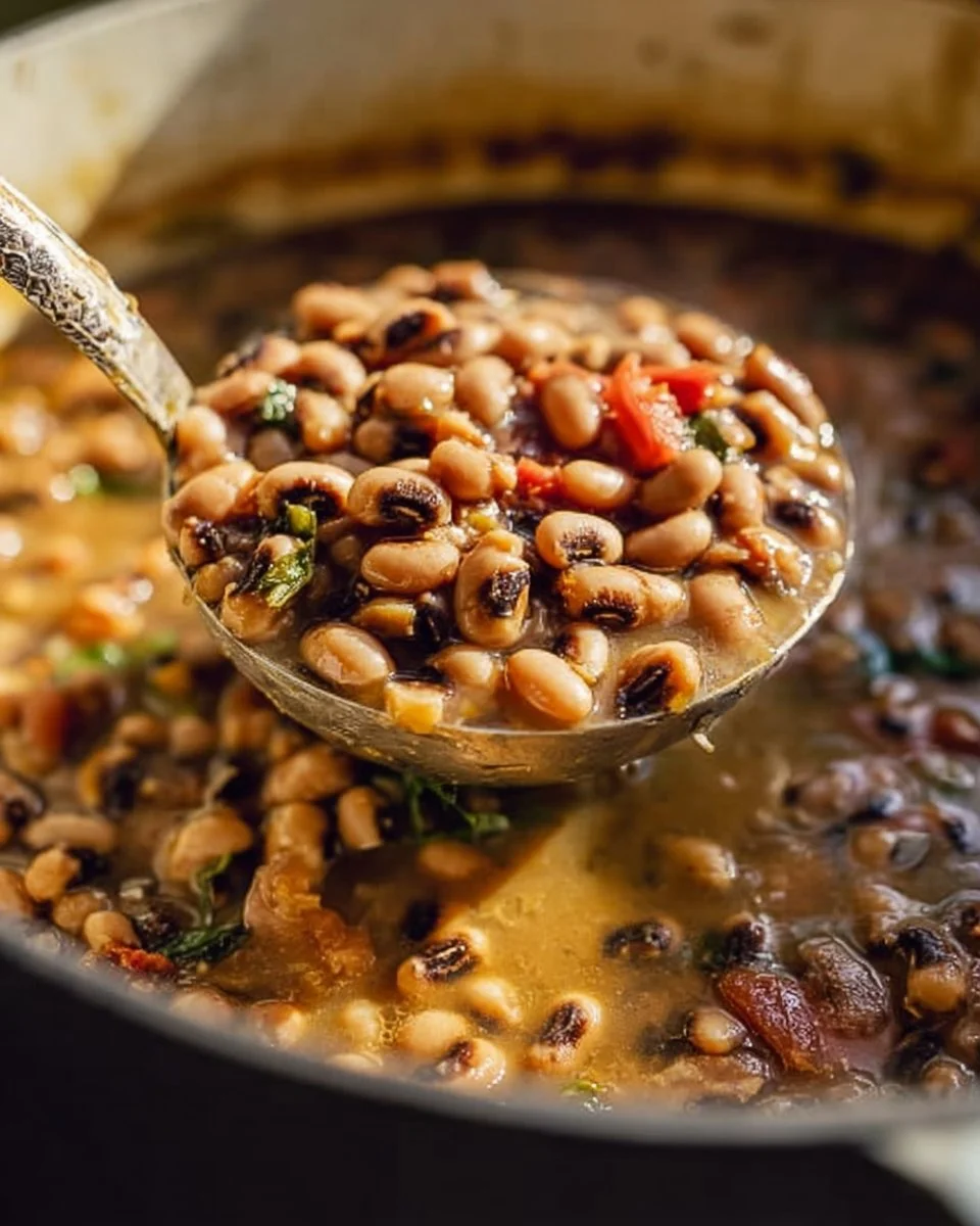Bowl of Southern Black Eyed Peas served with cornbread and greens