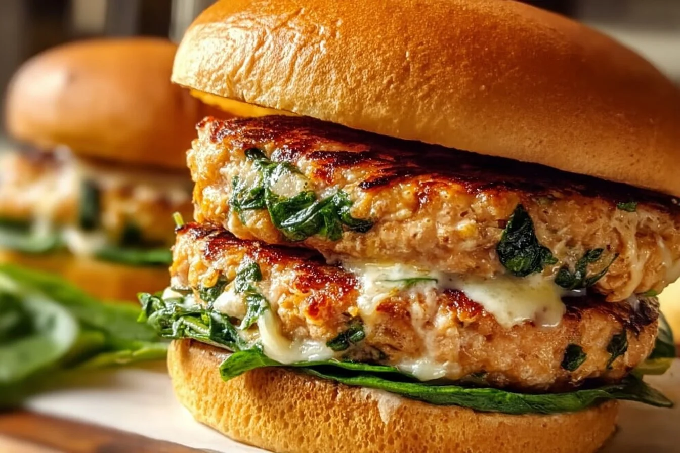 Delicious Spinach and Cheddar Chicken Burgers on a plate