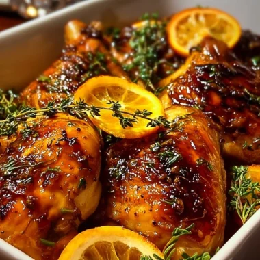 Plate of sweet and savory roasted orange chicken garnished with fresh oranges.