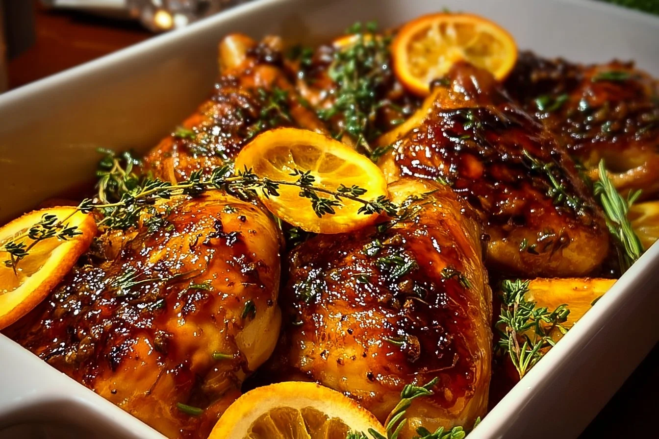 Plate of sweet and savory roasted orange chicken garnished with fresh oranges.