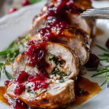 Sliced Christmas stuffed pork tenderloin on a festive table setting