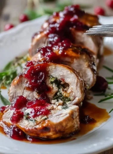 Sliced Christmas stuffed pork tenderloin on a festive table setting