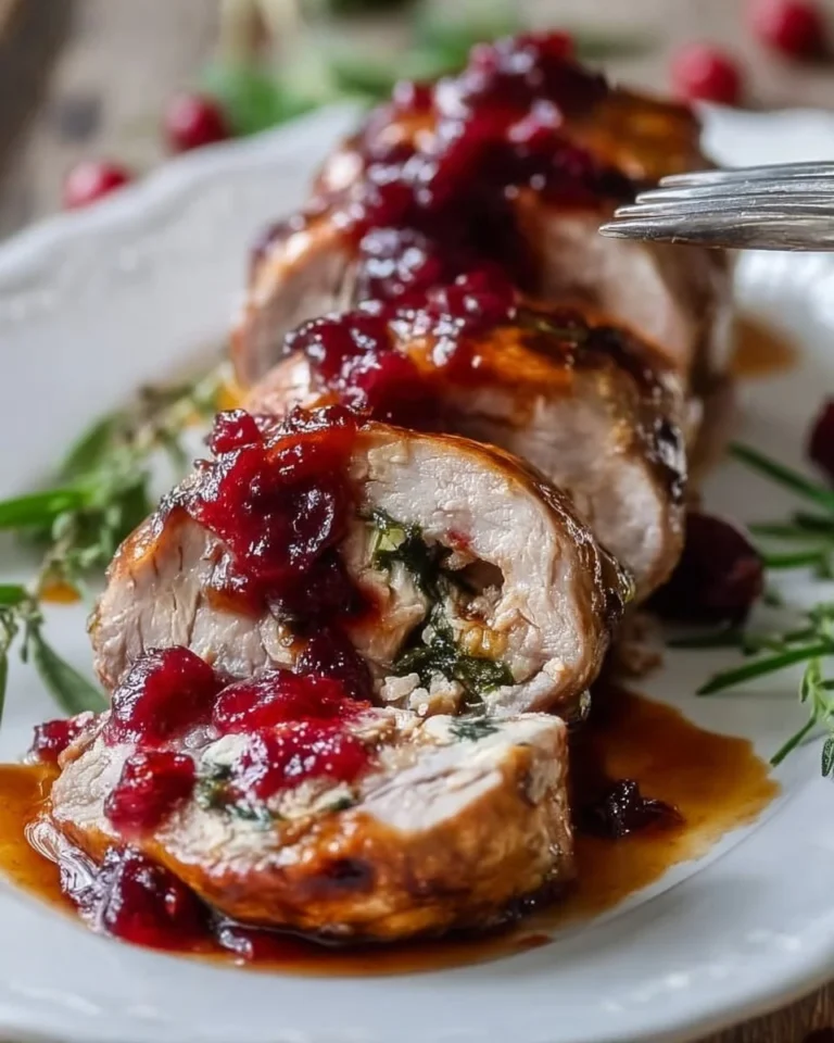 Sliced Christmas stuffed pork tenderloin on a festive table setting