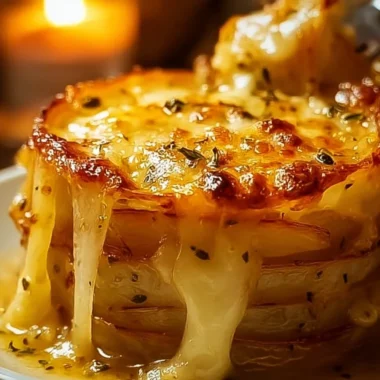 Cheesy baked onions dish served in a baking dish, golden and bubbling