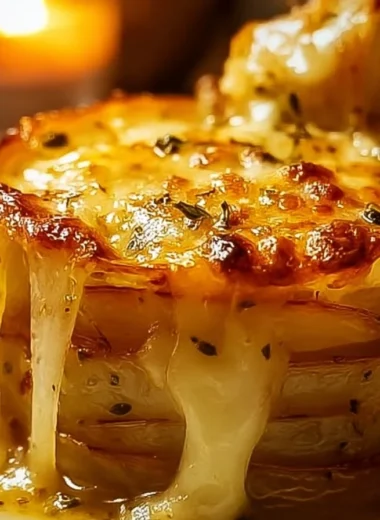 Cheesy baked onions dish served in a baking dish, golden and bubbling