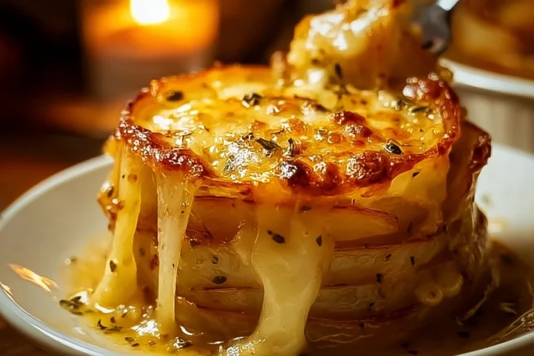 Cheesy baked onions dish served in a baking dish, golden and bubbling