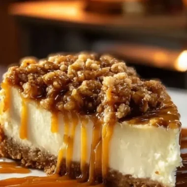 Delicious Apple Crisp Cheesecake with a crumbly topping and apple slices