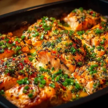 Delicious Bang Bang Salmon recipe served on a plate with garnishes.