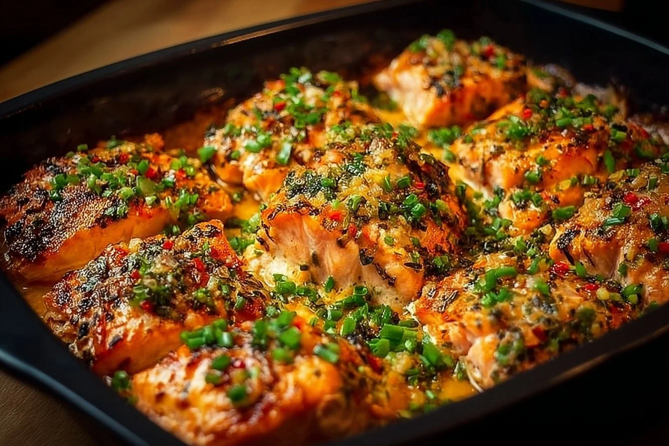 Delicious Bang Bang Salmon recipe served on a plate with garnishes.