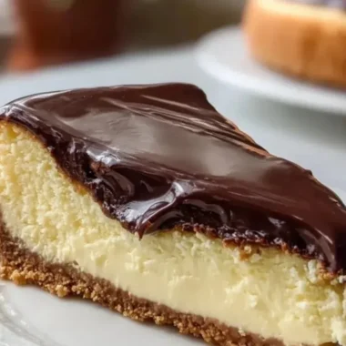 Delicious Boston Cream Pie Cheesecake topped with chocolate and cream