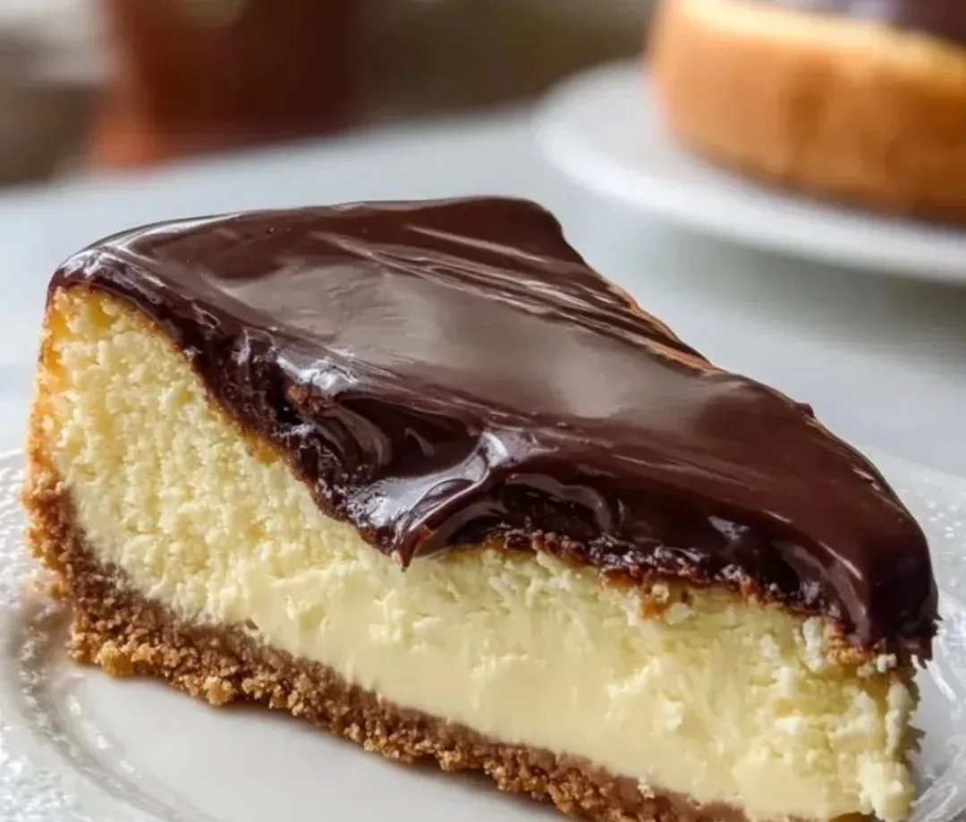 Delicious Boston Cream Pie Cheesecake topped with chocolate and cream