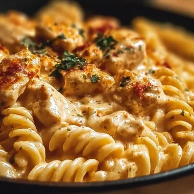 Cajun Cream Cheese Chicken Pasta Bake served in a dish