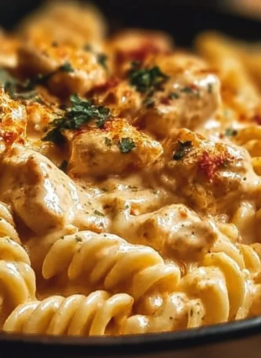 Cajun Cream Cheese Chicken Pasta Bake served in a dish