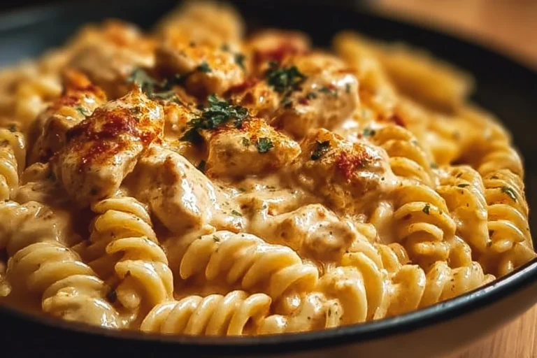 Cajun Cream Cheese Chicken Pasta Bake served in a dish