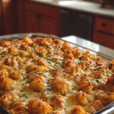 Chicken Alfredo Tater Tot Casserole baked in a dish topped with cheese and herbs