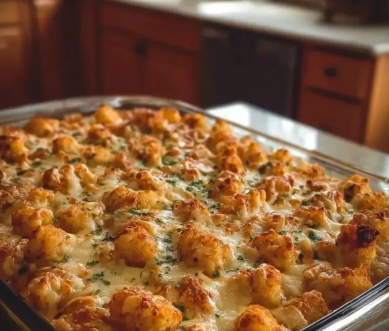 Chicken Alfredo Tater Tot Casserole baked in a dish topped with cheese and herbs