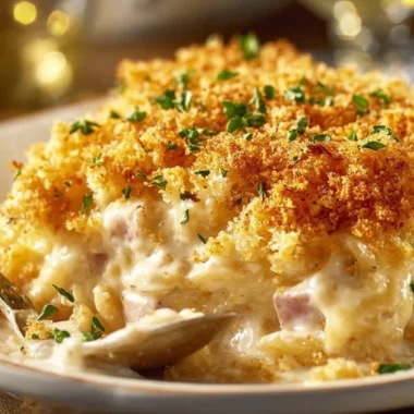 Delicious Chicken Cordon Bleu Casserole served with herbs and cheese