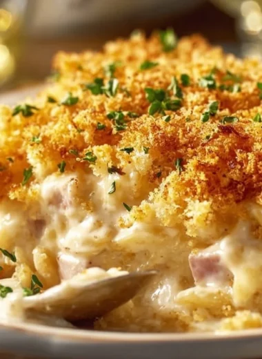 Delicious Chicken Cordon Bleu Casserole served with herbs and cheese