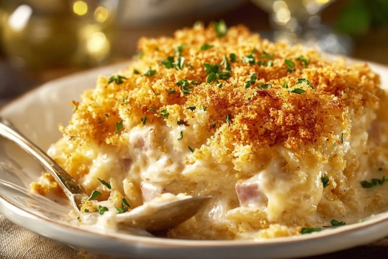 Delicious Chicken Cordon Bleu Casserole served with herbs and cheese