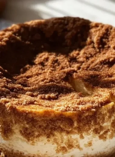 Cinnamon-Spiced Baked Churro Cheesecake topped with cinnamon sugar