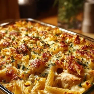 Delicious Crack Chicken Pasta Bake prepared in a casserole dish