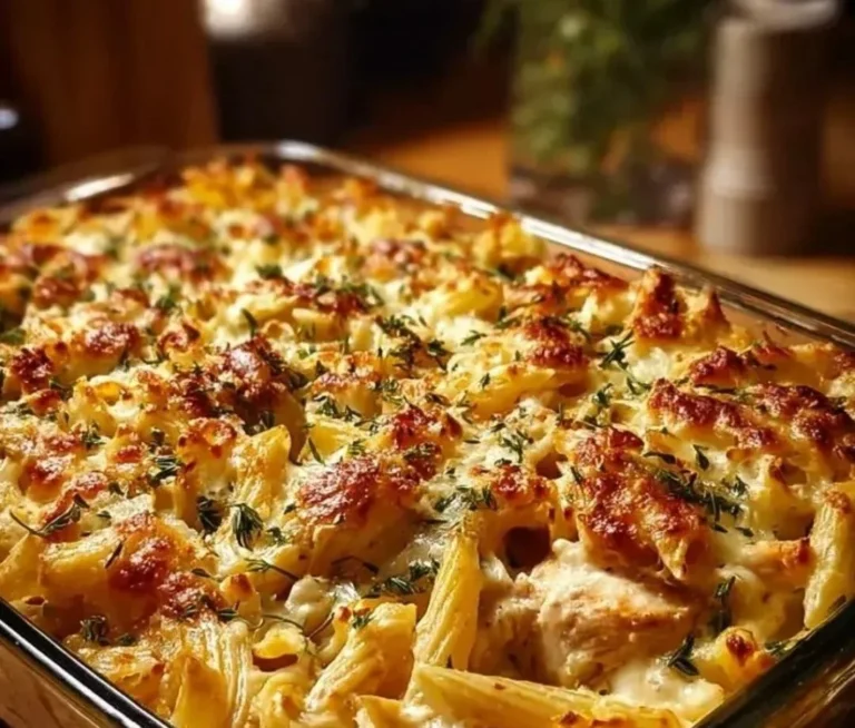 Delicious Crack Chicken Pasta Bake prepared in a casserole dish