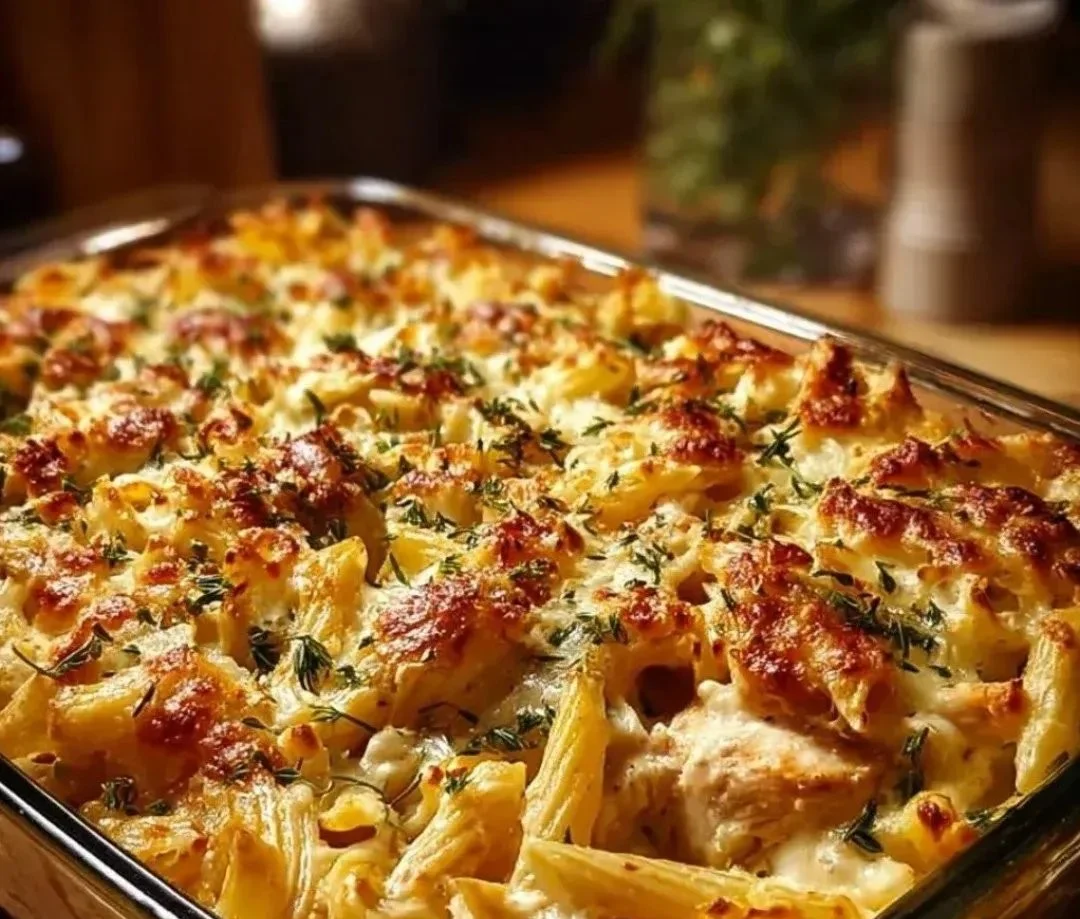 Delicious Crack Chicken Pasta Bake prepared in a casserole dish