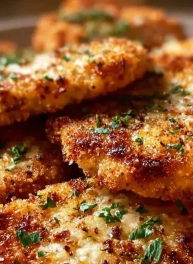 Crispy garlic parmesan chicken cutlets plated with herbs and garnishes