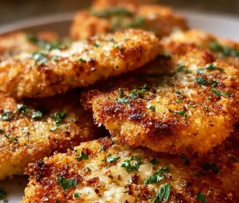 Crispy garlic parmesan chicken cutlets plated with herbs and garnishes