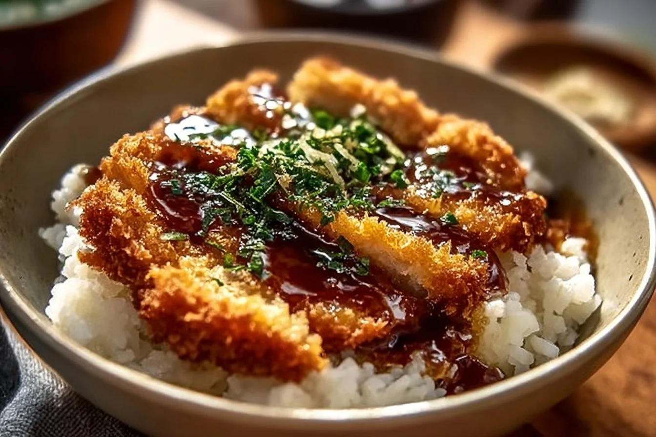 Crispy Japanese Katsu Bowls garnished with fresh vegetables and sauce