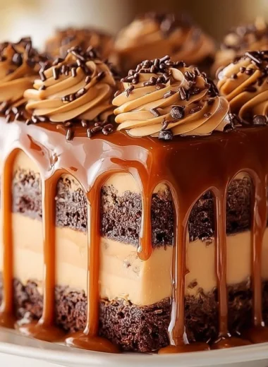 Decadent caramel cake topped with rich caramel sauce and decorative sprinkles