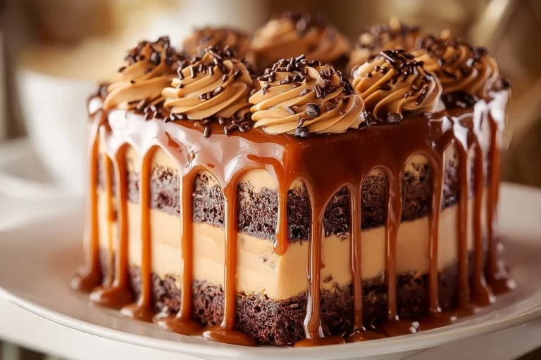 Decadent caramel cake topped with rich caramel sauce and decorative sprinkles