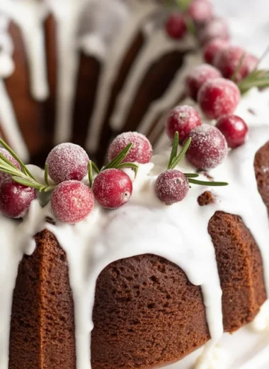 Delicious Gingerbread Bundt Cake topped with a sweet caramel glaze.