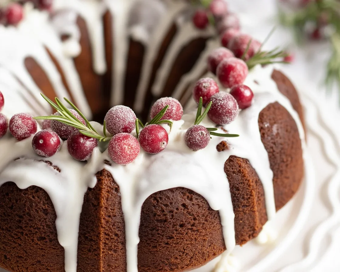 Delicious Gingerbread Bundt Cake topped with a sweet caramel glaze.