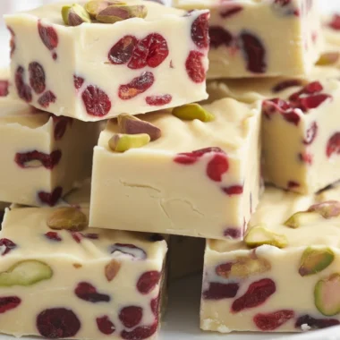 Delicious White Chocolate Cranberry Fudge with dried cranberries and white chocolate chips