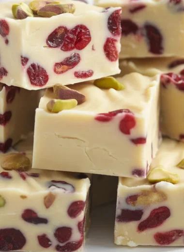 Delicious White Chocolate Cranberry Fudge with dried cranberries and white chocolate chips