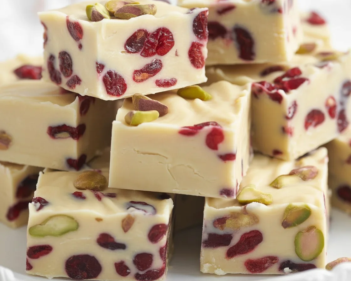 Delicious White Chocolate Cranberry Fudge with dried cranberries and white chocolate chips
