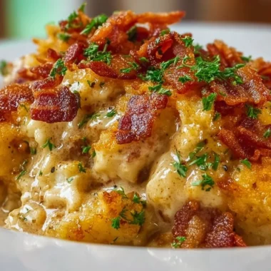 Delicious cowboy casserole topped with crispy potatoes and hearty meat.