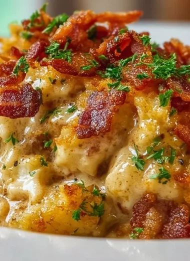 Delicious cowboy casserole topped with crispy potatoes and hearty meat.