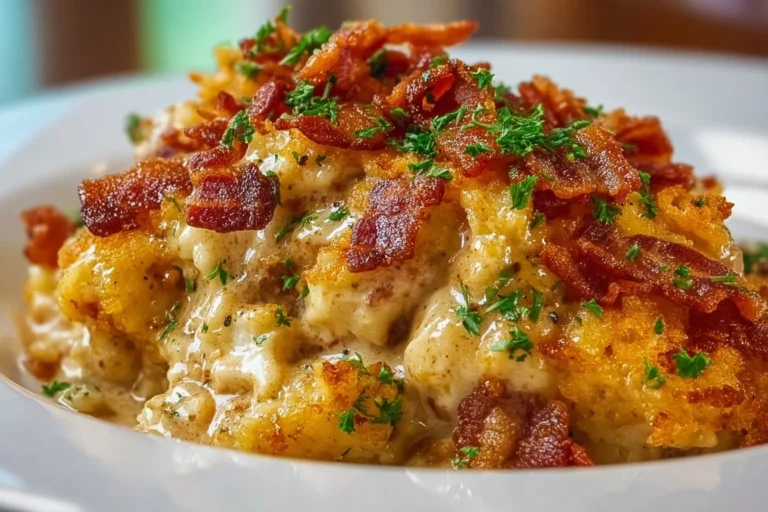 Delicious cowboy casserole topped with crispy potatoes and hearty meat.