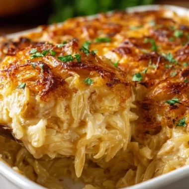 French Onion Chicken Orzo Casserole served in a white dish with melted cheese