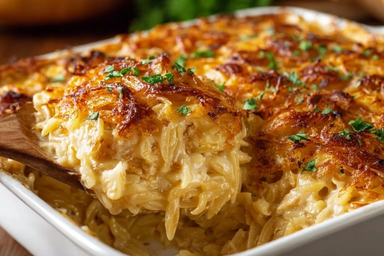 French Onion Chicken Orzo Casserole served in a white dish with melted cheese