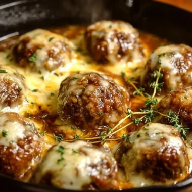 French onion meatballs served with savory onion sauce in a bowl