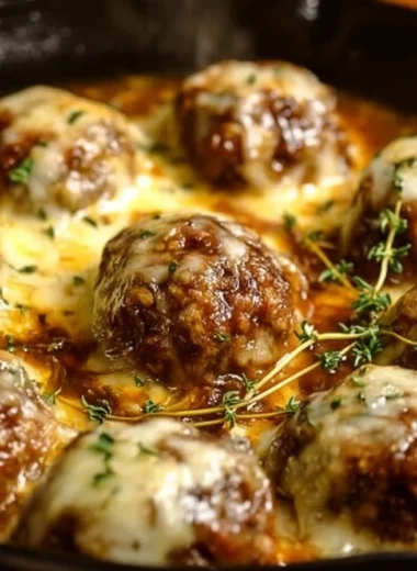 French onion meatballs served with savory onion sauce in a bowl