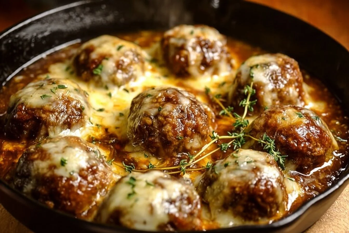 French onion meatballs served with savory onion sauce in a bowl
