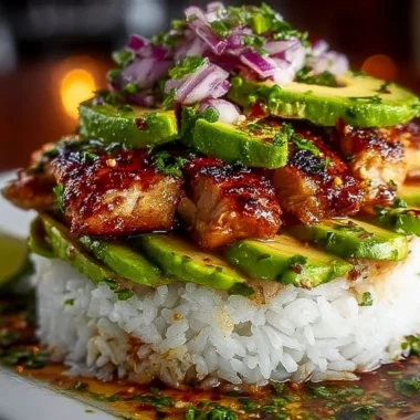 Honey Lime Chicken served over avocado rice stack