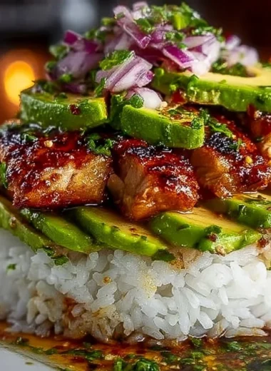 Honey Lime Chicken served over avocado rice stack